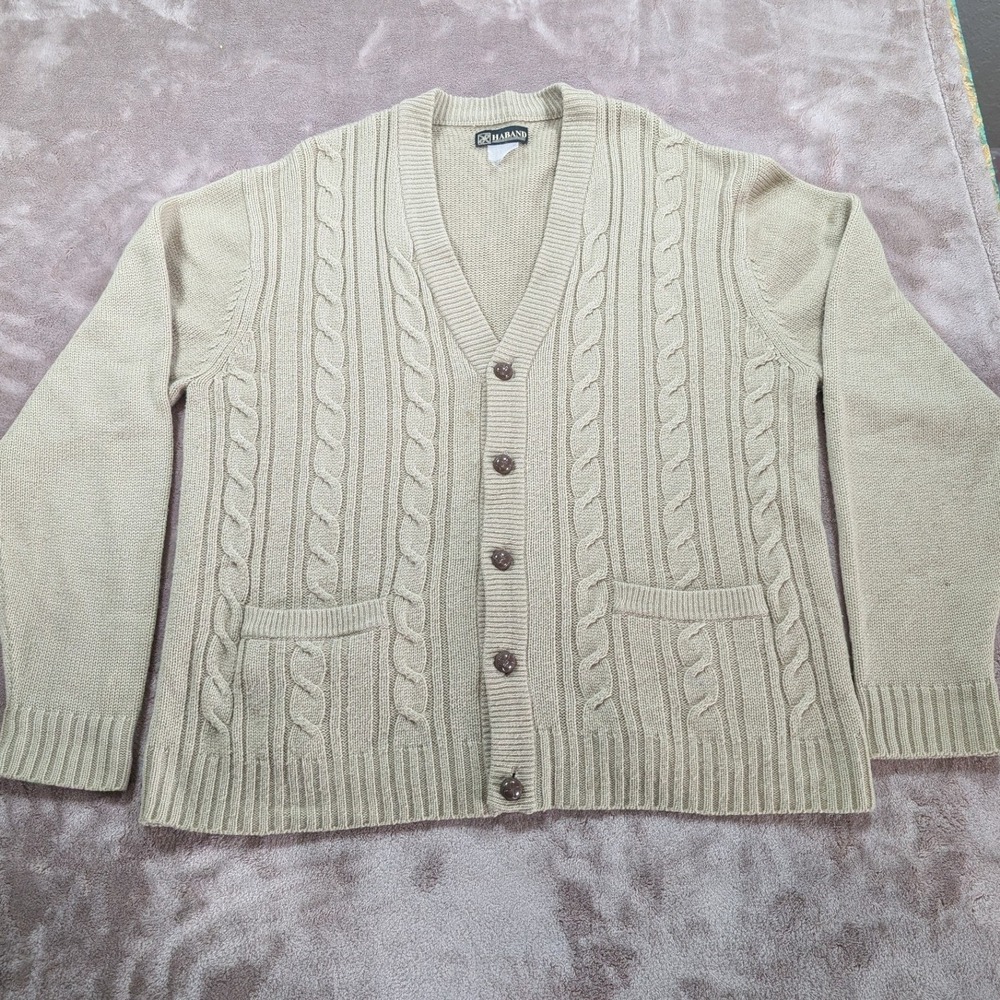 Haband Cardigan Sweater Mens XL Beige Cable Knit V-Neck Button Front Pockets